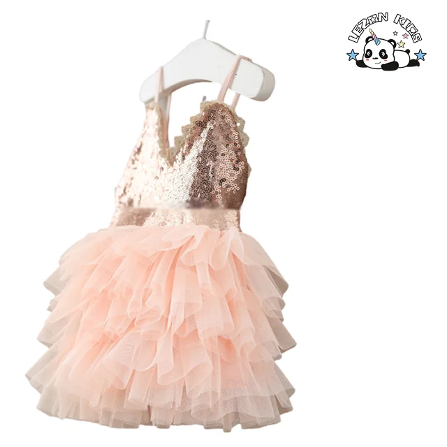 LEZONKIDS - Customized Logo Girl's Halter Cute Style Lace Sequin Dress For Summer